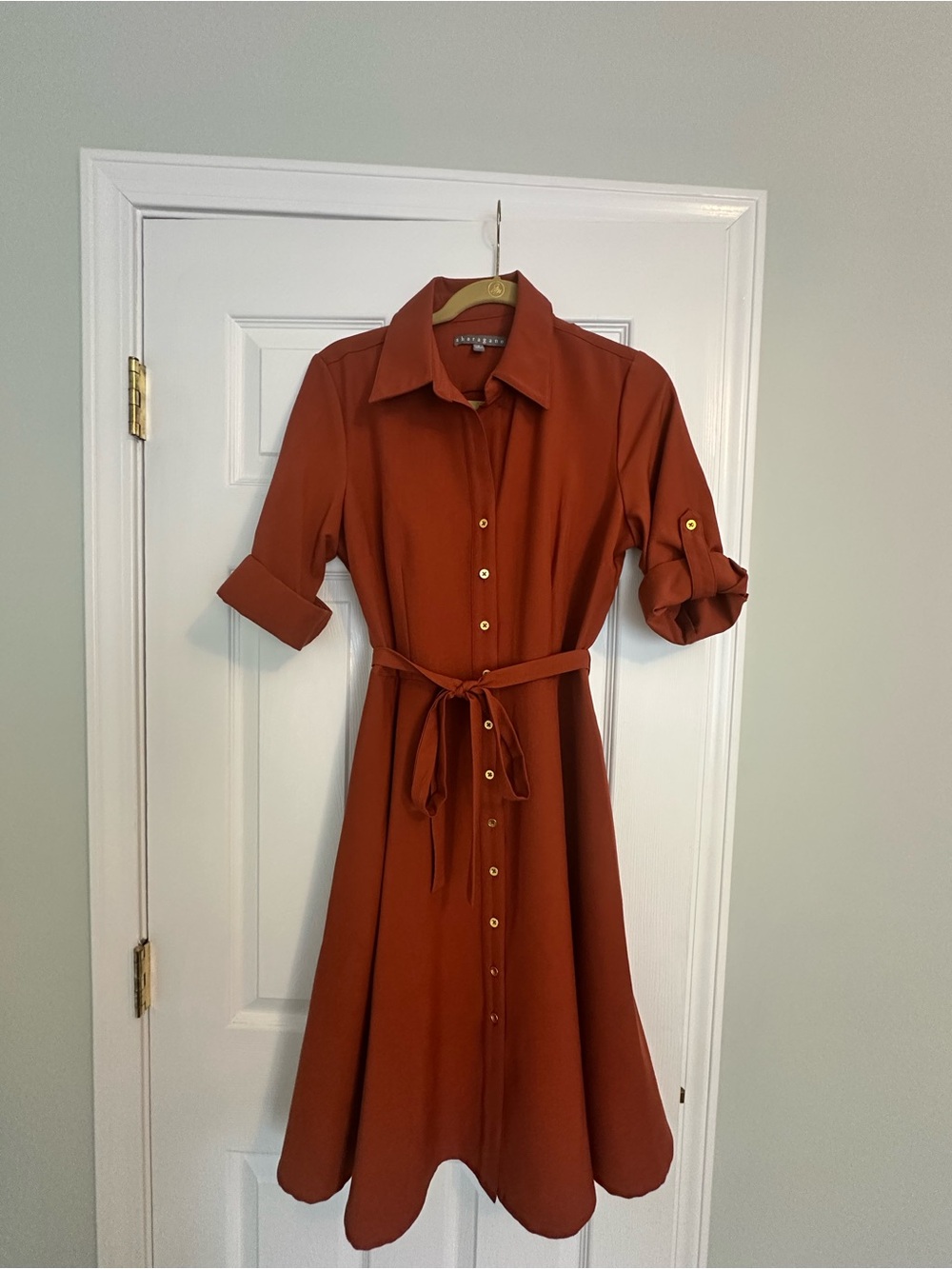 Sharagano Rust Button-Front Midi Shirt Dress